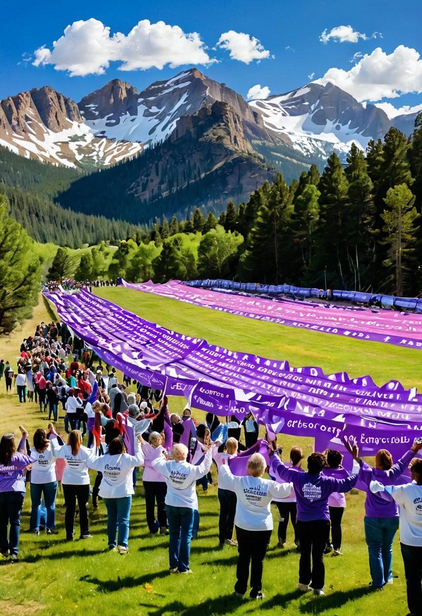 A vibrant and uplifting scene showcasing a diverse group of people in Colorado engaged in a community support event for cancer awareness. Include a picturesque mountainous backdrop, with banners promoting awareness and hope. Capture emotions of unity, strength, and encouragement among participants. Bright banners with messages of hope should be visible, along with purple ribbons symbolizing cancer awareness. Illustrate with warm sunlight casting a hopeful glow. super-realistic. vibrant colors. outdoor setting.