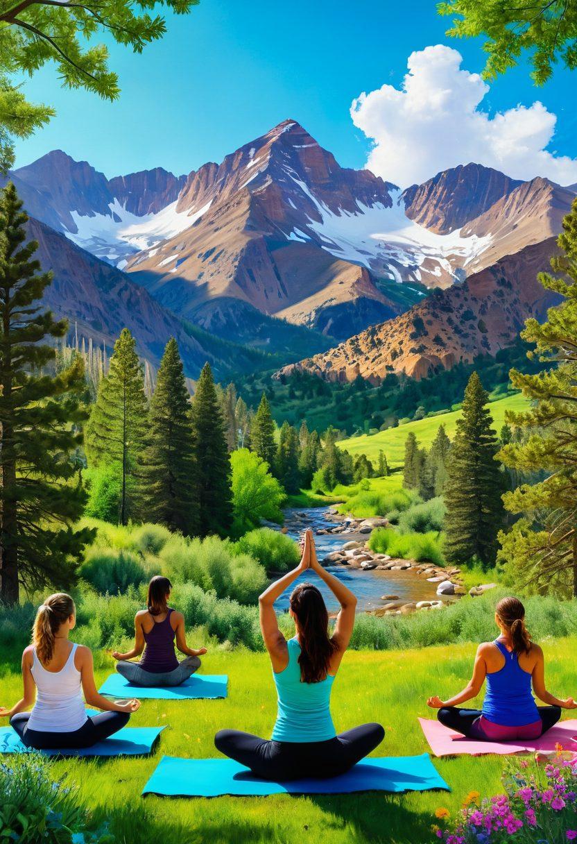 A tranquil landscape of the Colorado mountains, featuring diverse individuals engaging in wellness activities like yoga and meditation. Include symbols of healthcare advocacy, such as health crosses and community gathering spots, integrated into lush green spaces. Bright, uplifting colors to convey hope and empowerment. super-realistic. vibrant colors.