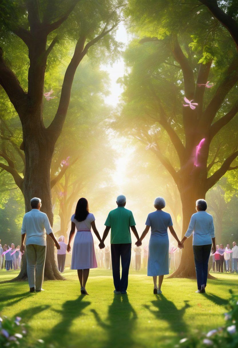 A serene scene depicting a diverse group of people of various ages and backgrounds, standing united in a lush green park, holding hands and sharing stories. In the background, gentle sunlight filters through trees, illuminating symbols of hope like ribbons and butterflies. Include imagery of cancer awareness, like colored ribbons, alongside uplifting messages. The atmosphere should convey warmth, support, and community strength. super-realistic. vibrant colors. soft focus.